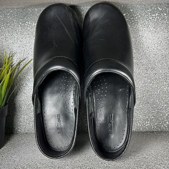 L.L. Bean Ladies 9.5 Black Leather Stapled Wedge Professional Nurse Clogs Shoes - Picture 7 of 7